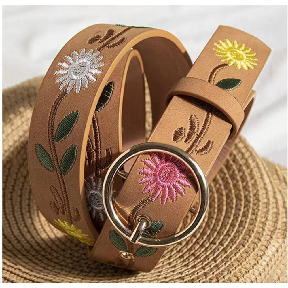 Belt Camel Tan Floral Embroidery Flowers Vegan Leather 31"-37" Total 41" - Picture 2 of 8